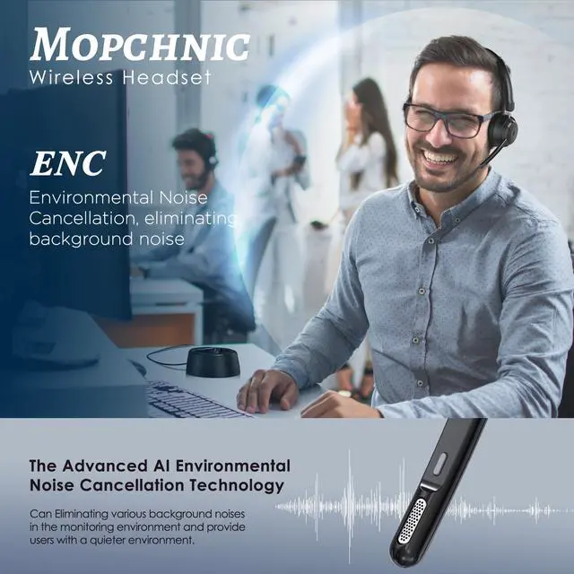 Alt view image 11 of 14 - Bluetooth Headset, Wireless Headphone with AI Noise-Canceling Microphone On Ear Wireless Headset with USB Dongle for Computer Office