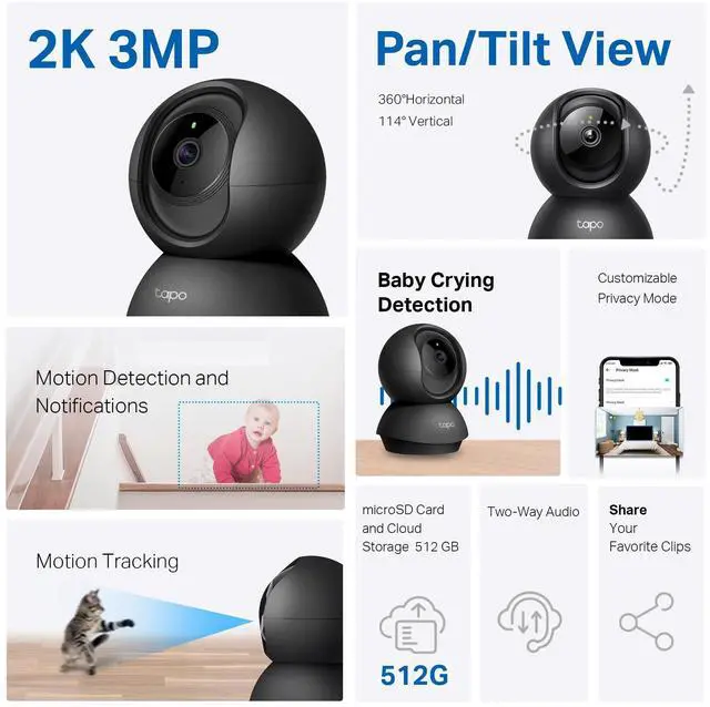 Alt view image 9 of 14 - 2K Indoor Pan/Tilt Wired Security Camera - Works as a Baby Monitor & Pet Camera, Motion Detection, 2-Way Audio, Siren, Night Vision, No-Subscription Local Storage or Optional Cloud, C211 (2-Pack)