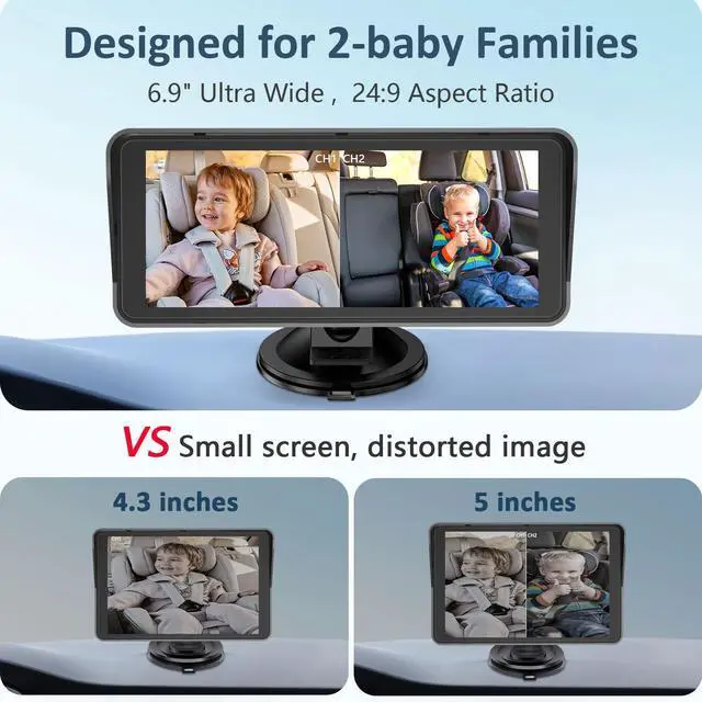Alt view image 9 of 14 - 2-Kids Baby Car Camera for Seat: 6.9 Inch Ultrawide Display with Two Cameras Rear Facing - USB Powered Backseat Camera HD 1080P Easy to Install