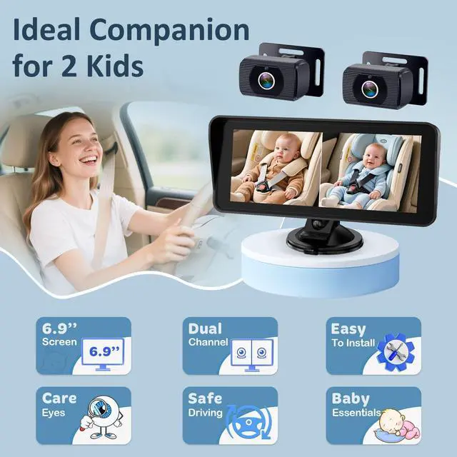 Alt view image 10 of 14 - 2-Kids Baby Car Camera for Seat: 6.9 Inch Ultrawide Display with Two Cameras Rear Facing - USB Powered Backseat Camera HD 1080P Easy to Install