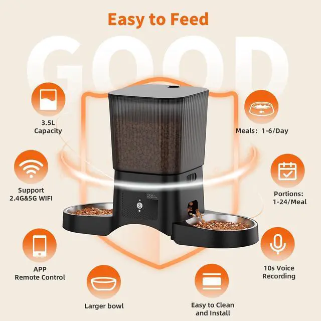 Alt view image 13 of 14 - Automatic Cat Feeder for 2 Cats,3.5L Dual Cat Food Dispenser, 2.4G/5G WiFi APP Control for Multiple Cats,2 Stainless Steel Bowls & 2 Slow Feeder Anti-Choking Bowls, Dual Power