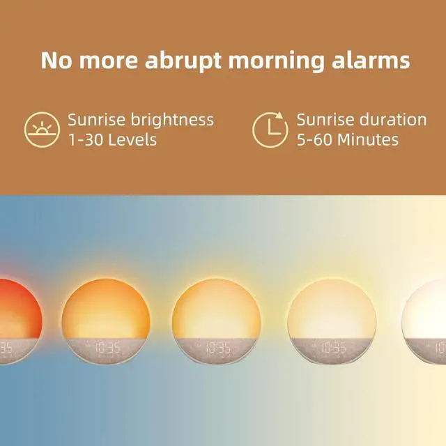 Alt view image 9 of 14 - Sunrise Alarm Clock White Noise Machine: Natural Wake Up Light - Dimmable Clock with Bluetooth Speaker for Bedroom - 25 Sleep Sounds for Baby Adults Kids Putty