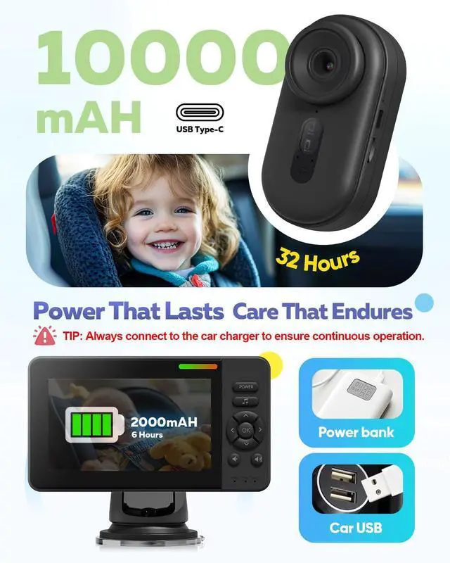 Alt view image 10 of 14 - Wireless Baby Car Camera with 1080P Advanced Night Vision and 32H Battery, No Wi-Fi Needed Easy Setup Car Baby Monitor with Video Recording Adjustable Angle, Newborns Travel Essentials Gifts