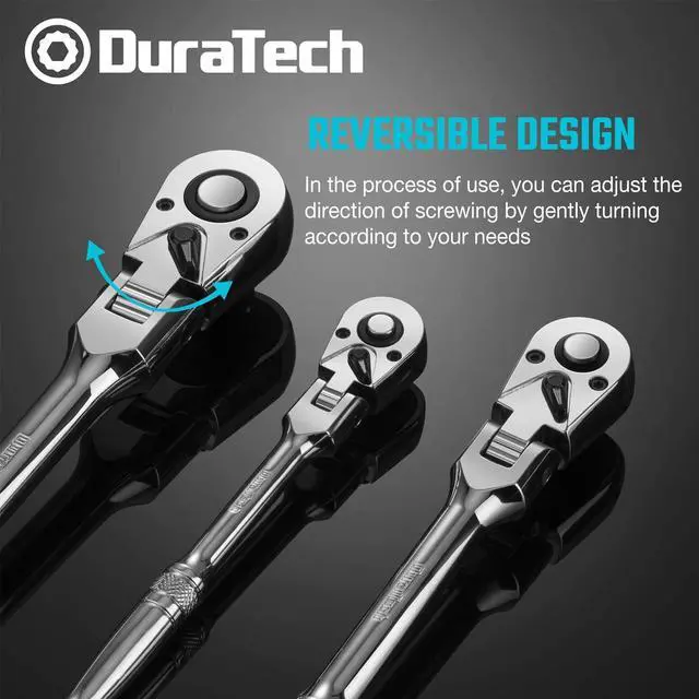 Alt view image 11 of 14 - 3-Piece Flex-Head Ratchet Set, 1/4", 3/8", 1/2" Drive Ratchet, 72-Tooth with Quick-Release Reversible Design, Chrome Alloy Made, Fully Polished, Organized in Storage Case