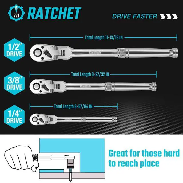 Alt view image 13 of 14 - 3-Piece Flex-Head Ratchet Set, 1/4", 3/8", 1/2" Drive Ratchet, 72-Tooth with Quick-Release Reversible Design, Chrome Alloy Made, Fully Polished, Organized in Storage Case