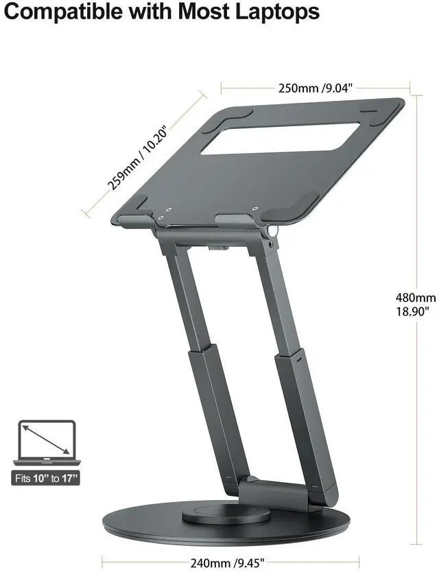 Alt view image 11 of 14 - Telescopic Laptop Stand for Desk with 360° Swivel Base, Sit to Stand, Height Adjustable, Portable Riser Holder for Good Posture, Compatible with MacBook Pro, All Laptops 10-17"-Gray