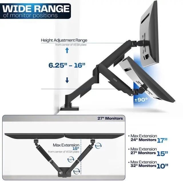 Alt view image 11 of 14 - Dual Monitor Stand, Fully Adjustable Arms for 17 to 32 inch Screens, Mechanical Articulating Desk Mount, Gaming and Office Setups, VESA 75x75, 100x100, Max 19.8 lbs, Classic, Black, STAND-V002O
