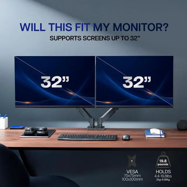 Alt view image 13 of 14 - Dual Monitor Stand, Fully Adjustable Arms for 17 to 32 inch Screens, Mechanical Articulating Desk Mount, Gaming and Office Setups, VESA 75x75, 100x100, Max 19.8 lbs, Classic, Black, STAND-V002O