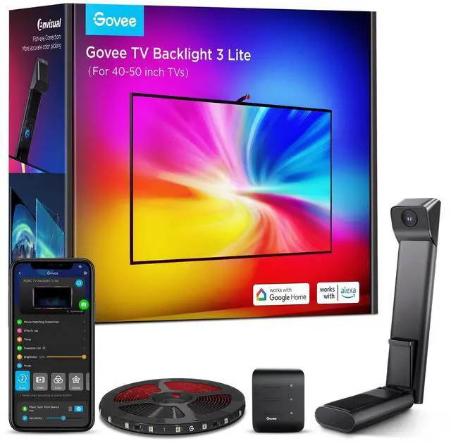 Alt view image 8 of 14 - TV Backlight 3 Lite with Fish-Eye Correction Function Sync to 40-50 Inch TVs, 7.8ft RGBICW Wi-Fi LED Strip Lights with Camera, 4 Colors in 1 Lamp Bead, Voice and APP Control, Adapter
