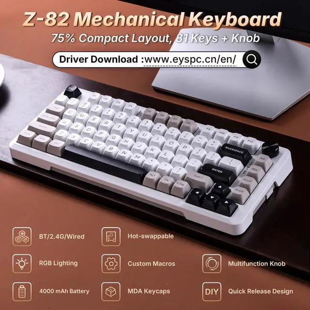 Alt view image 9 of 14 - Z-82 Wireless Mechanical Keyboard, 75% Layout, Hot-Swap Wireless Gaming Keyboard, BT/2.4GHz/Type-C Triple Mode, RGB Backlit Gaming Keyboards, Compatible with Win/Mac (White&Gray&Black)