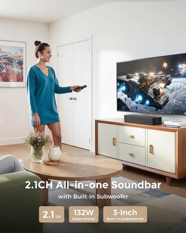 Alt view image 9 of 14 - 2.1ch Surround Sound Bar for TV, Built-in Subwoofer, Peak Power 132W, App Control, 16 Inches Bluetooth 5.4 TV Speakers Soundbar, All-in-one PC Soundbar, Opt/AUX/Wall Mount, Poseidon M20 Pro