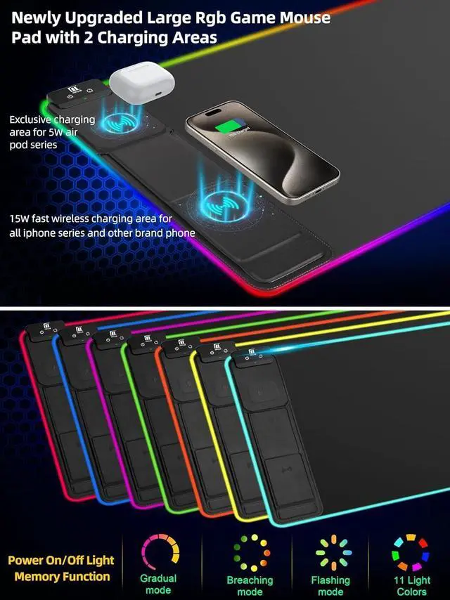 Alt view image 9 of 14 - XXL Mouse Pad with Phone Holder - Black, RGB Desk Mat with 15W Fast Charging, LED Gaming Mousepad with 11 Light Colors, Waterproof Non-Slip Pad for Office & Home
