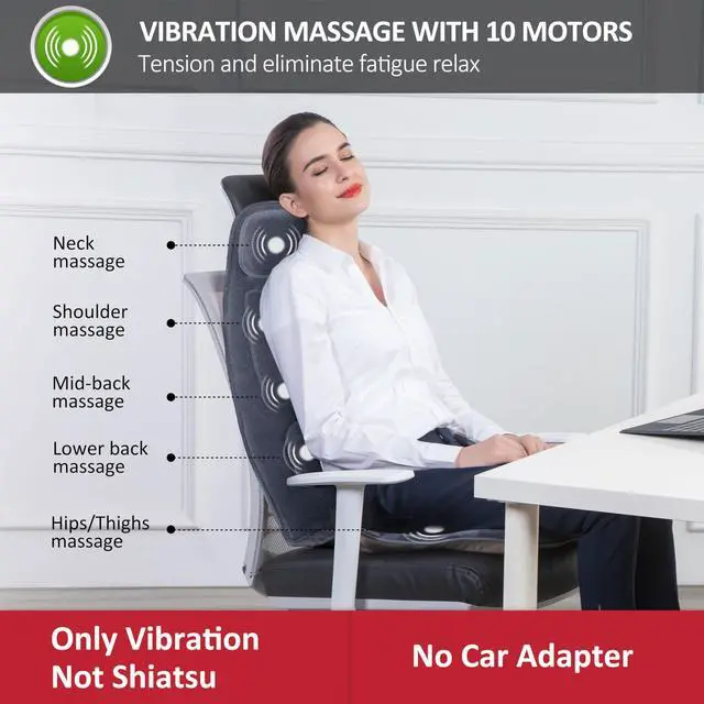 Alt view image 9 of 14 - Massage Seat Cushion with Heat - Extra Memory Foam Support Pad in Neck and Lumbar,10 Vibration Massage Motors, 2 Heat Levels, Back Massager Chair Pad for Back