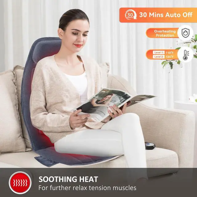 Alt view image 10 of 14 - Massage Seat Cushion with Heat - Extra Memory Foam Support Pad in Neck and Lumbar,10 Vibration Massage Motors, 2 Heat Levels, Back Massager Chair Pad for Back