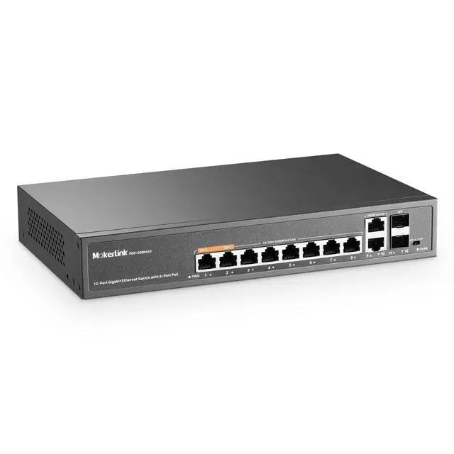 Alt view image 8 of 14 - 12 Port Gigabit PoE Switch with 8 PoE+ Port, 2 Gigabit Uplink, 2 SFP Port, 120W AI Detection, Qos & Extend, Fanless Metal Plug & Play Unmanaged Network Switch