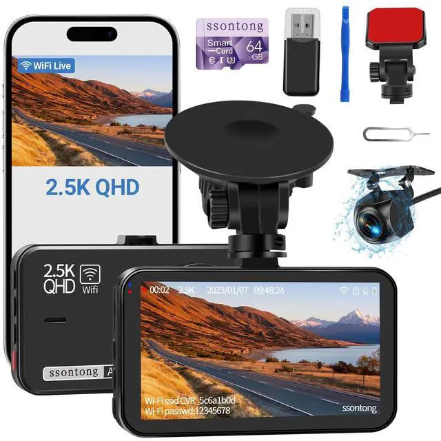 Alt view image 8 of 14 - Dash Cam Front and Rear, Dash Camera for Cars WiFi/APP Control Dual Dashcam W/ 64GB Card, 2.5K Dash Cam Front+1080P Rear Car Camera W/Super Night Vision, Loop Recording, G-Sensor, Max Support 256GB