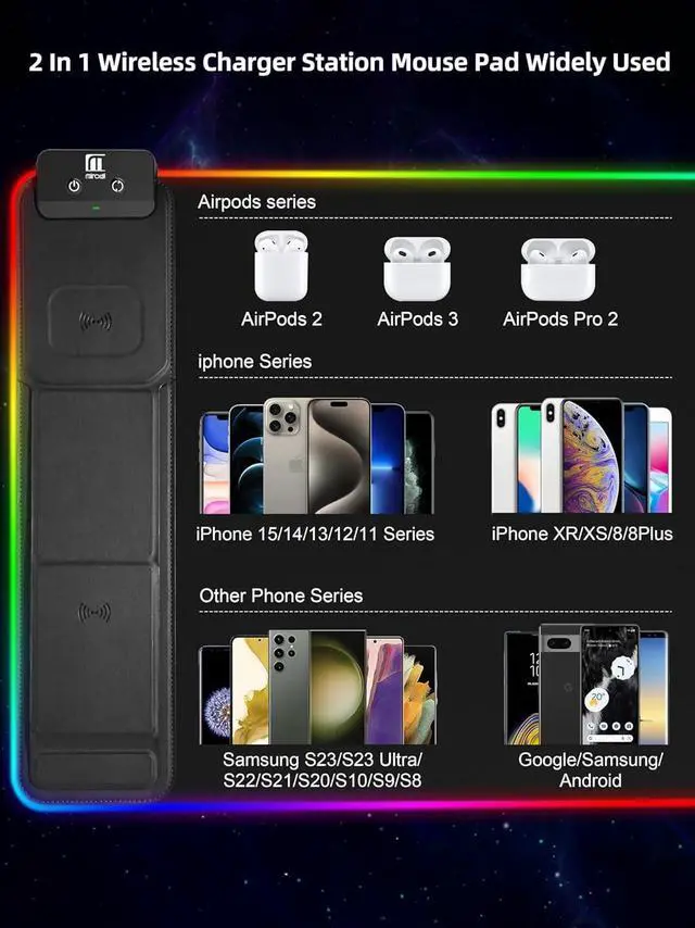 Alt view image 10 of 14 - XXL Mouse Pad with Phone Holder - Black, RGB Desk Mat with 15W Fast Charging, LED Gaming Mousepad with 11 Light Colors, Waterproof Non-Slip Pad for Office & Home