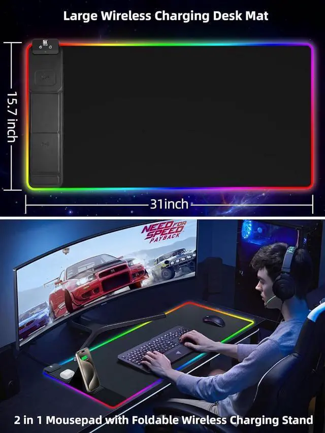 Alt view image 12 of 14 - XXL Mouse Pad with Phone Holder - Black, RGB Desk Mat with 15W Fast Charging, LED Gaming Mousepad with 11 Light Colors, Waterproof Non-Slip Pad for Office & Home
