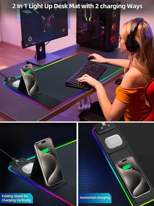 Alt view image 14 of 14 - XXL Mouse Pad with Phone Holder - Black, RGB Desk Mat with 15W Fast Charging, LED Gaming Mousepad with 11 Light Colors, Waterproof Non-Slip Pad for Office & Home