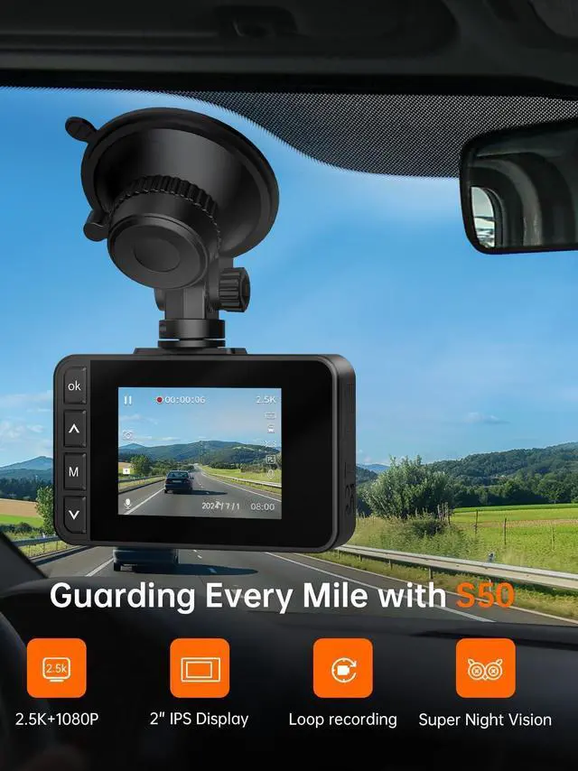 Alt view image 9 of 14 - Dash Cam Front and Rear, 2.5K+1080P Dual Dash Camera for Cars, 2 Display Mini Car Camera, G-Sensor Dashcam, Night Vision, 24H Parking Mode, Loop Recording, 170°Wide Angle, 32GB Card Included