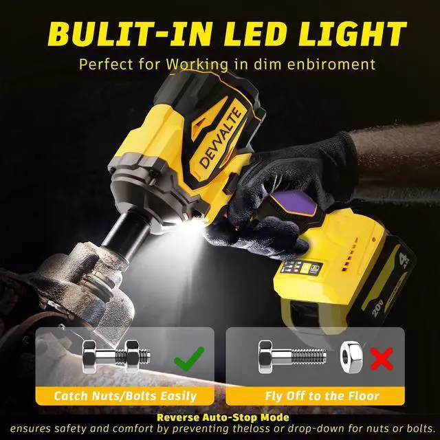 Alt view image 9 of 14 - Cordless Impact Wrench for DeWalt 20V Battery,1/2 inch Power Impact Wrench, Brushless Electric Impact Gun 665Ft-lbs(900N.m) High Torque Impact Driver with 3-Mode, LED Work Light(No Battery)