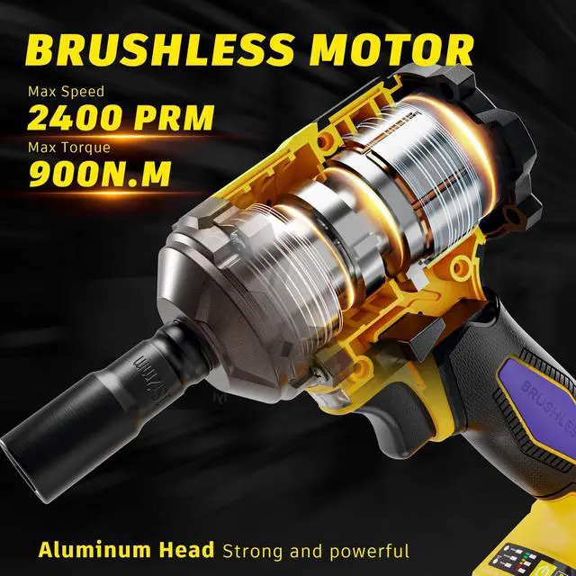 Alt view image 11 of 14 - Cordless Impact Wrench for DeWalt 20V Battery,1/2 inch Power Impact Wrench, Brushless Electric Impact Gun 665Ft-lbs(900N.m) High Torque Impact Driver with 3-Mode, LED Work Light(No Battery)