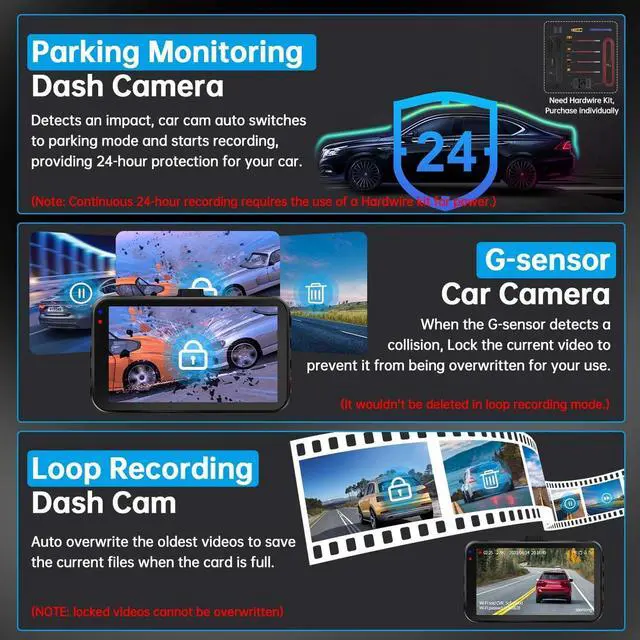 Alt view image 13 of 14 - Dash Cam Front and Rear, Dash Camera for Cars WiFi/APP Control Dual Dashcam W/ 64GB Card, 2.5K Dash Cam Front+1080P Rear Car Camera W/Super Night Vision, Loop Recording, G-Sensor, Max Support 256GB
