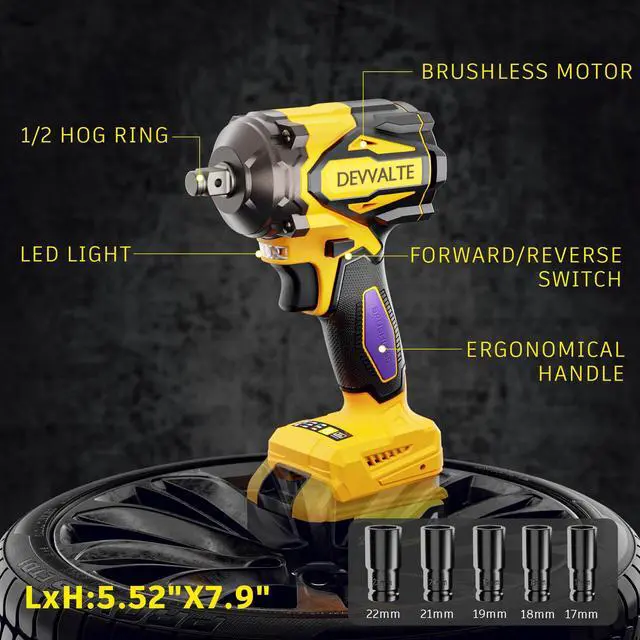 Alt view image 12 of 14 - Cordless Impact Wrench for DeWalt 20V Battery,1/2 inch Power Impact Wrench, Brushless Electric Impact Gun 665Ft-lbs(900N.m) High Torque Impact Driver with 3-Mode, LED Work Light(No Battery)