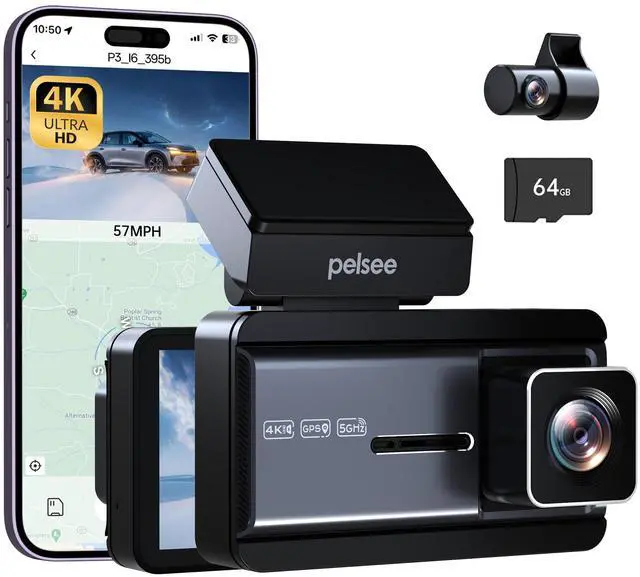 Alt view image 8 of 14 - 4K Dash Cam Front and Rear, 64GB SD Card, Dual Dash Camera for Cars with Wi-Fi, GPS, ADAS, BSD, LCA, 3 IPS Display Car Camera, APP & Voice Control, Night Vision, 24H Parking Mode
