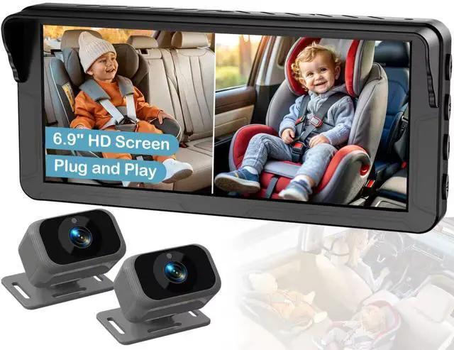 Alt view image 8 of 14 - Dual Baby Car Camera for 2 Kids 6.9 Split Screen Ultrawide HD Display with 2 Cameras, IR Night Vision, Easy Installation, Dual Car Camera Baby Monitor for Infant & Toddler Safety by