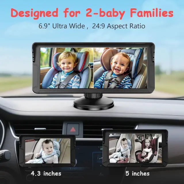 Alt view image 10 of 14 - Dual Baby Car Camera for 2 Kids 6.9 Split Screen Ultrawide HD Display with 2 Cameras, IR Night Vision, Easy Installation, Dual Car Camera Baby Monitor for Infant & Toddler Safety by
