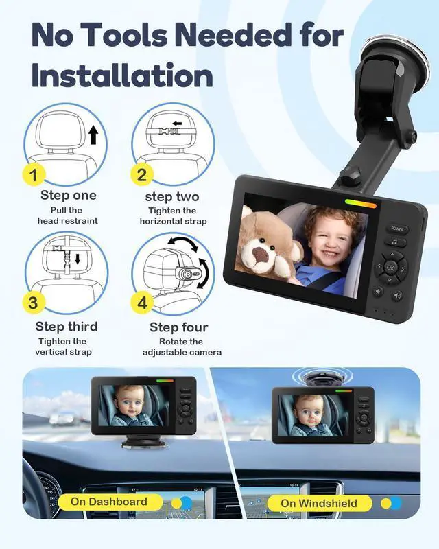 Alt view image 14 of 14 - Wireless Baby Car Camera, Car Baby Monitor No Wi-Fi Needed with HD 1080P Night Vision Display Adjustable Lens, Easy Install Backseat Camera for Kids, Newborns Travel Essentials Gifts