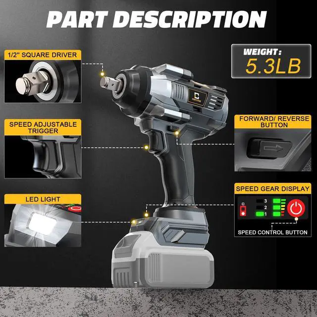Alt view image 13 of 14 - Cordless Impact Wrench 1/2 inch Compatible with Dewalt Battery, 1000FT-LBS (1360N.m) Brushless Electric Impact Gun Includes LED Work Light, 2100RPM High Torque Impact Driver, Bare Tool Only