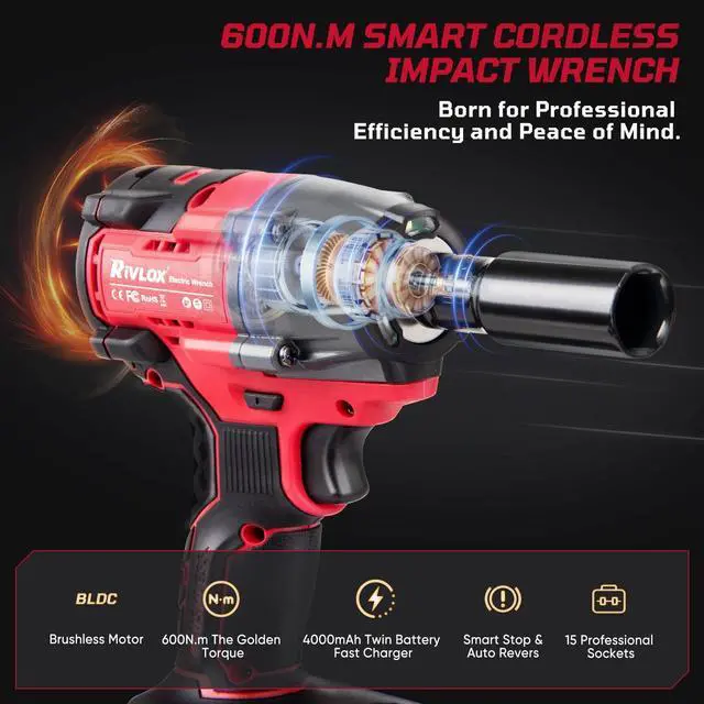 Alt view image 9 of 14 - Cordless Impact Wrench1/2 Inch, 600N. M/450Ft-lbs Power Impact Gun Kit, High Torque Electric Impact Driver for Car RV Tire,LED Light,4.0Ah Battery,Car/DIY Furniture/Home,Power tools,Red Toolbox
