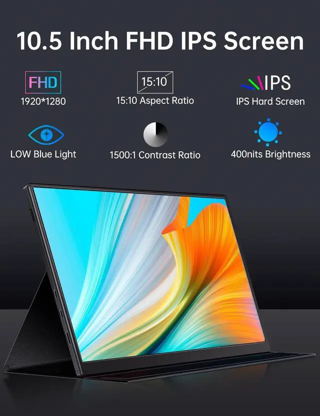 Alt view image 8 of 12 - Small Portable Monitor 10.5" 400 Nits 15:10 FHD 1280P IPS Screen, Ultra-Slim Mini Monitor w/Smart Cover & Speaker, USB C HDMI HDR Portable Gaming Monitor, Travel Monitors for Laptop PCs