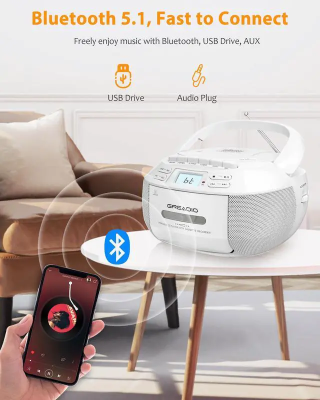 Alt view image 11 of 14 - CD Player Boombox Cassette Player Combo with Bluetooth,AM/FM Radio,Stereo Sound with Remote Control,AUX/USB Drive,Tape Recording,AC/DC Powered,Headphone Jack,LCD Display for Home,Kids,Gift
