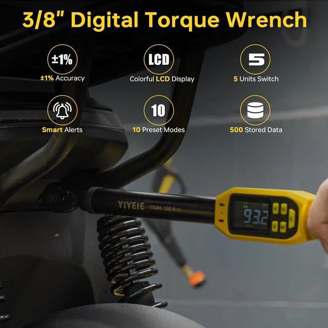 Alt view image 10 of 14 - Digital Torque Wrench 3/8" Drive | 5-99.5 ft-lb | ±1% Accuracy | Smart Alert Multi | Electric Torque Wrench Digital for Bike/Moto/Auto, 2 Extension Bars Reach Tight Spaces