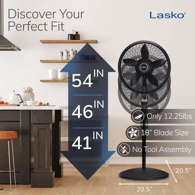 Alt view image 11 of 14 - Oscillating Cyclone Pedestal Fan, Adjustable Height, Timer, Remote Control, 3 Speeds, for Bedroom, Living Room, Home Office, 18", Black, 1843