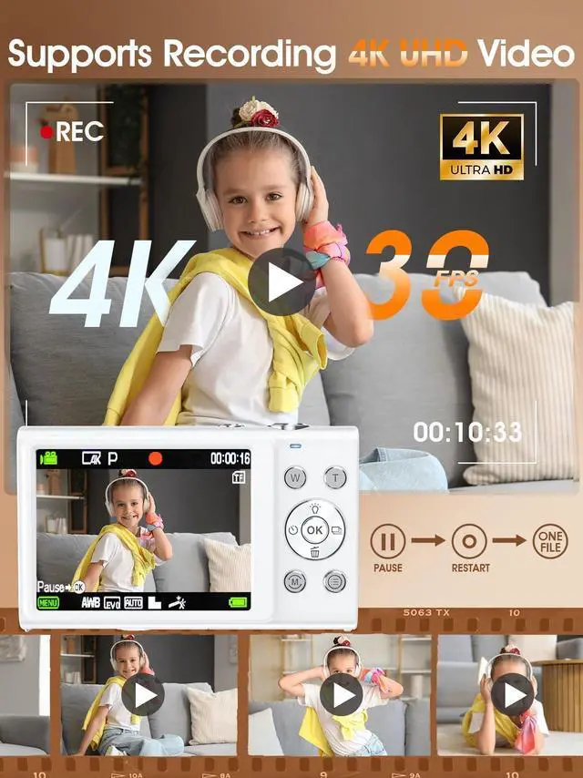 Alt view image 10 of 14 - Digital Camera,Autofocus 4K Vlogging Camera for Photography with 32GB Card,48MP Portable Compact Point and Shoot Digital Camera for Teens Adult Beginner with 16X Zoom,Anti-Shake,2 Batteries(White)