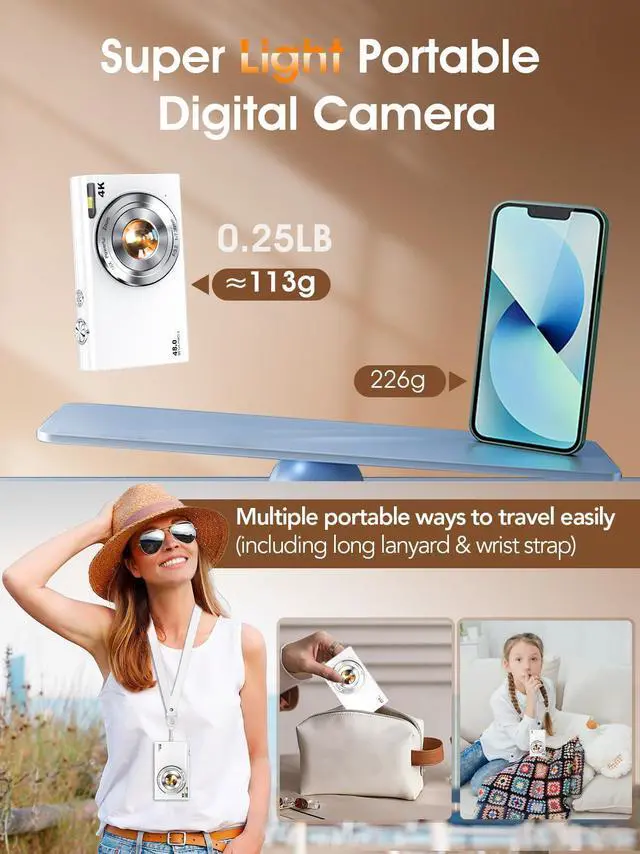 Alt view image 12 of 14 - Digital Camera,Autofocus 4K Vlogging Camera for Photography with 32GB Card,48MP Portable Compact Point and Shoot Digital Camera for Teens Adult Beginner with 16X Zoom,Anti-Shake,2 Batteries(White)