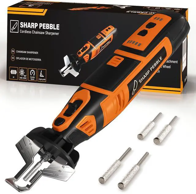 Alt view image 7 of 12 - Electric Cordless Chainsaw Sharpener Kit - Comes with Chain Saw Sharpener Tool, 4 File Size Sharpening Wheels, Angle Attachment, Wrench & eBook