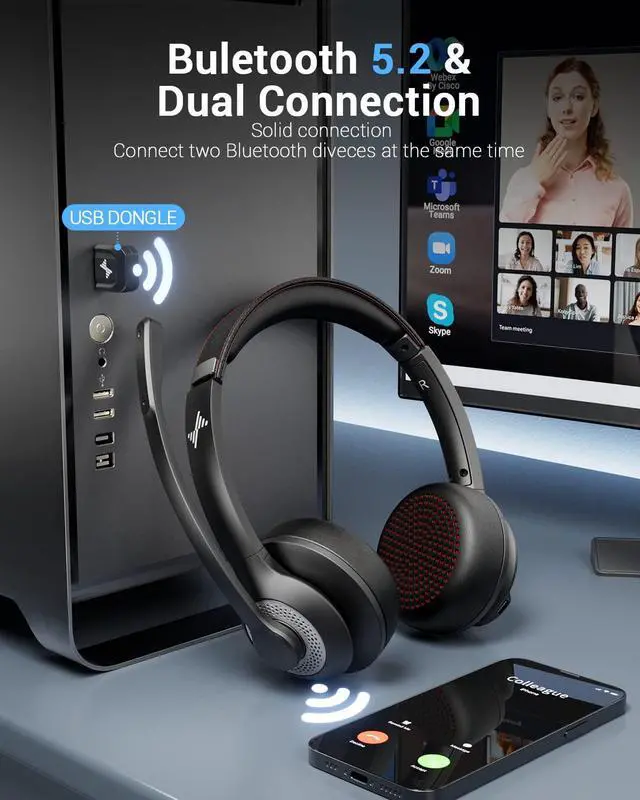 Alt view image 8 of 12 - Wireless Headset with Mic for Work, Bluetooth V5.2 Headphones with AI Noise Cancelling Microphone, USB Dongle, Clear Calls & Mic Mute, for Laptop, PC, iPhone & Android Phones