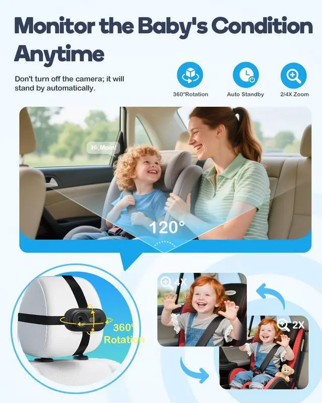 Alt view image 10 of 14 - Wireless Baby Car Camera, Car Baby Monitor No Wi-Fi Needed with HD 1080P Night Vision Display Adjustable Lens, Easy Install Backseat Camera for Kids, Newborns Travel Essentials Gifts