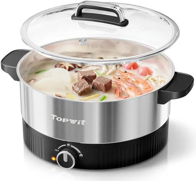 Alt view image 8 of 14 - 4.5L Hot Pot Electric, Stainless Steel Electric Pot with Dual Power Setting, 1200W Fast Heating Electric Hot Pot for Cooking Hotpot, Soup, Pasta, Perfect for Family Dinner & Party, Black