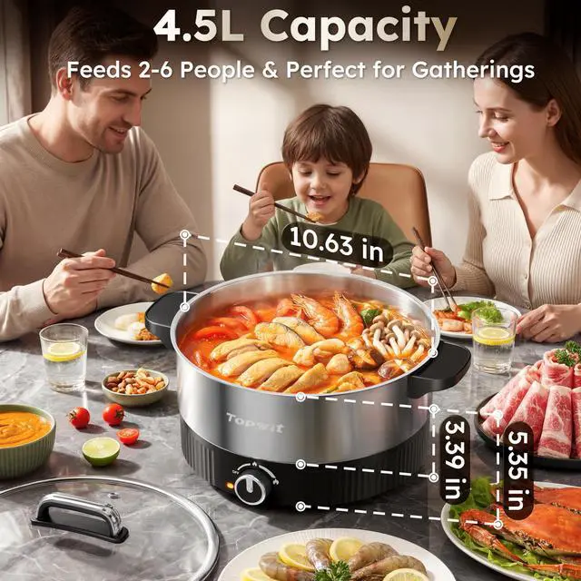 Alt view image 11 of 14 - 4.5L Hot Pot Electric, Stainless Steel Electric Pot with Dual Power Setting, 1200W Fast Heating Electric Hot Pot for Cooking Hotpot, Soup, Pasta, Perfect for Family Dinner & Party, Black