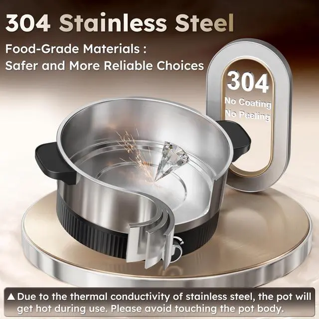 Alt view image 10 of 14 - 4.5L Hot Pot Electric, Stainless Steel Electric Pot with Dual Power Setting, 1200W Fast Heating Electric Hot Pot for Cooking Hotpot, Soup, Pasta, Perfect for Family Dinner & Party, Black