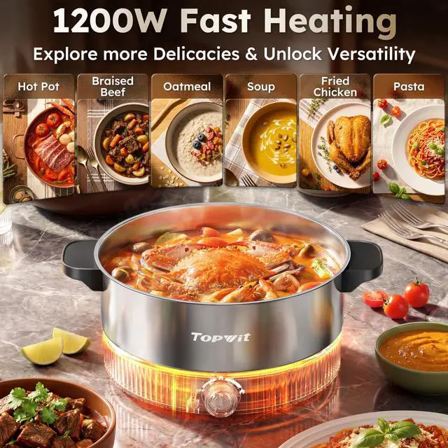 Alt view image 12 of 14 - 4.5L Hot Pot Electric, Stainless Steel Electric Pot with Dual Power Setting, 1200W Fast Heating Electric Hot Pot for Cooking Hotpot, Soup, Pasta, Perfect for Family Dinner & Party, Black