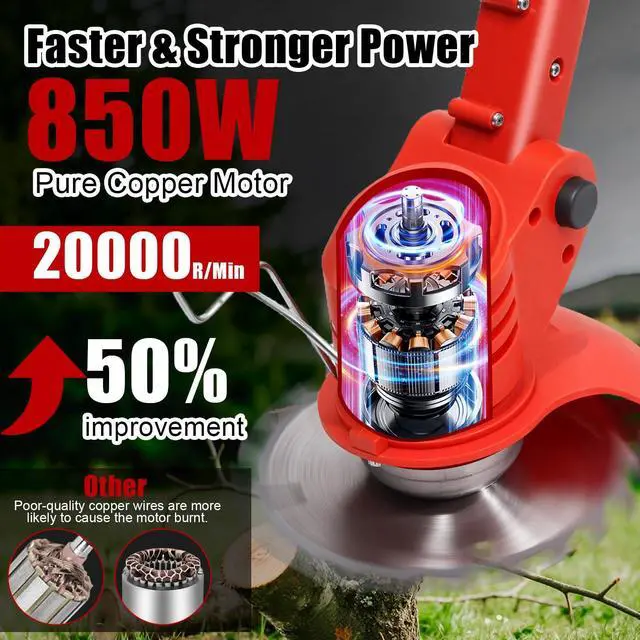 Alt view image 10 of 14 - Cordless Weed Wacker, Electric Grass Trimmer 21V 2.0Ah Battery Powered Weed Trimmer, 3 in 1 Stringless Lightweight Brush Cutter/Edger/Mower with 4 Types Blade & Wheels for Garden and Yard Lawn