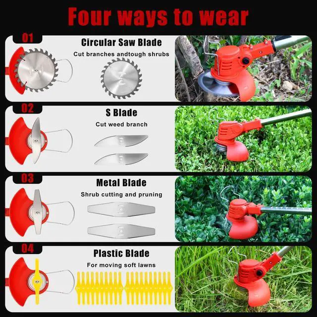 Alt view image 9 of 14 - Cordless Weed Wacker, Electric Grass Trimmer 21V 2.0Ah Battery Powered Weed Trimmer, 3 in 1 Stringless Lightweight Brush Cutter/Edger/Mower with 4 Types Blade & Wheels for Garden and Yard Lawn