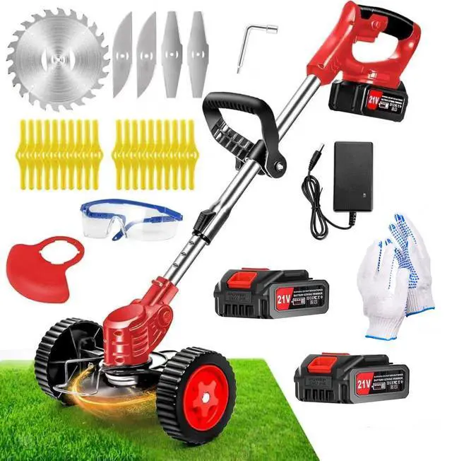 Alt view image 8 of 14 - Cordless Weed Wacker, Electric Grass Trimmer 21V 2.0Ah Battery Powered Weed Trimmer, 3 in 1 Stringless Lightweight Brush Cutter/Edger/Mower with 4 Types Blade & Wheels for Garden and Yard Lawn